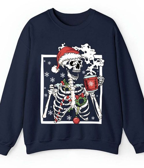 Skeleton With Smiling Skull Drinking Coffee Latte Teacher Sweatshirt