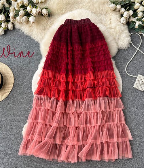 Gradient Color Irregular Mesh Long Cake Skirt Dress