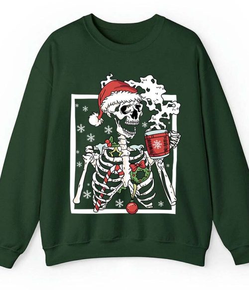 Skeleton With Smiling Skull Drinking Coffee Latte Teacher Sweatshirt