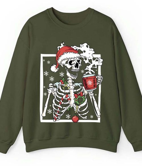 Skeleton With Smiling Skull Drinking Coffee Latte Teacher Sweatshirt