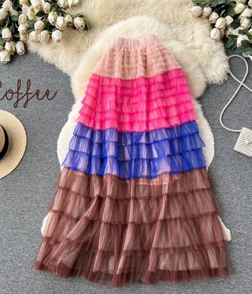 Gradient Color Irregular Mesh Long Cake Skirt Dress