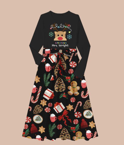 Personalized Merry Christmas Teacher Long-Sleeved One Piece Dress
