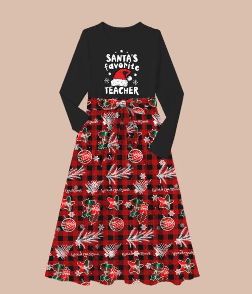 Santa's Favorite Teacher Christmas Teacher Long-Sleeved One Piece Dress