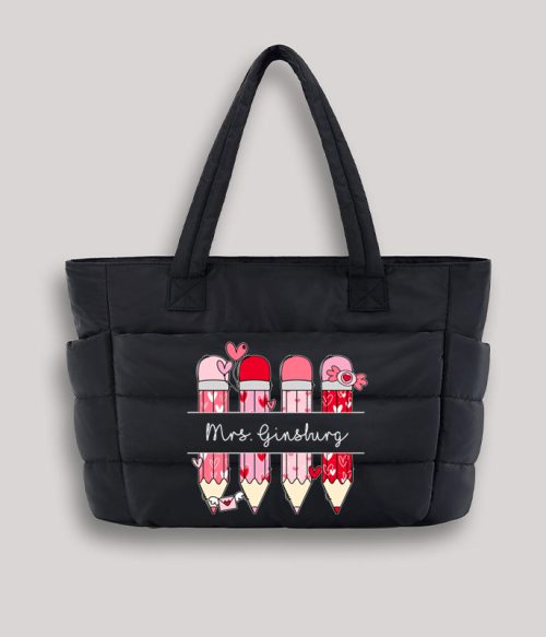 Personalized Pink Pencil Name Teacher Puffy Tote Bag