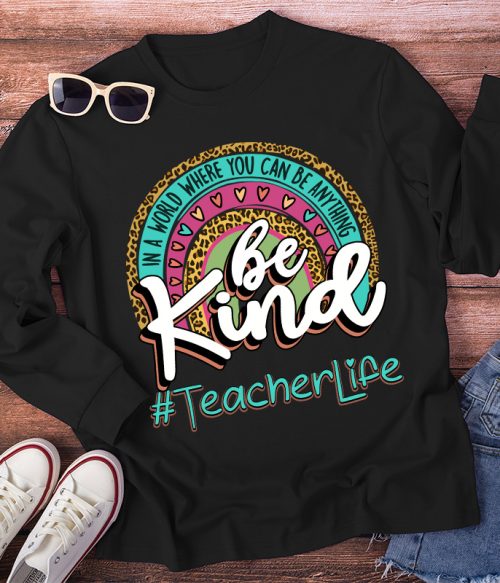 Be Kind Leopard Print Rainbow Long Sleeve T-Shirt