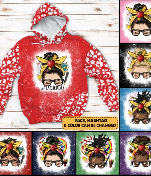 Personalized Messy Bun Teacher Printed Hooded Sweatshirt